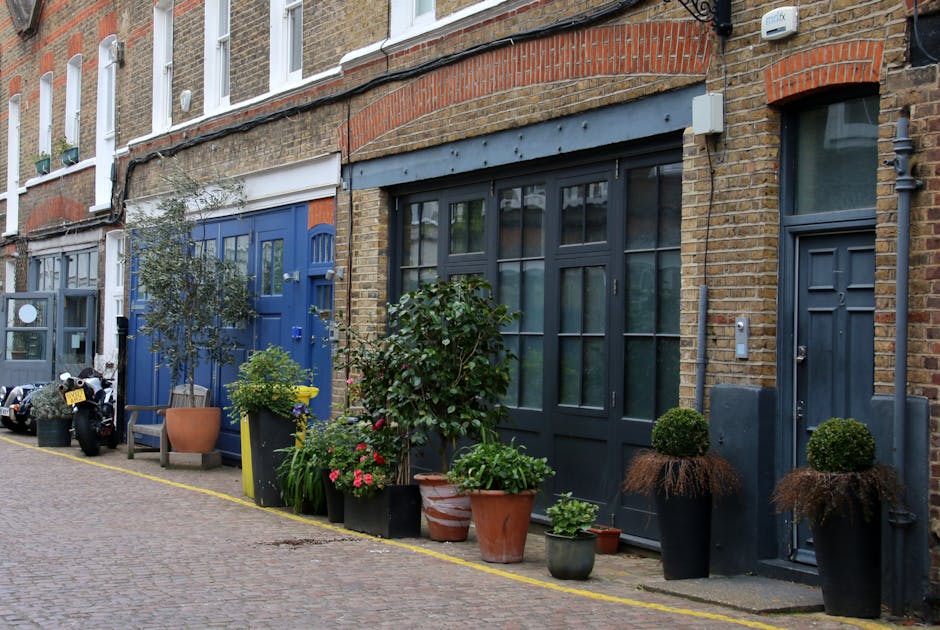 A narrow riverside garden in Barnes SW13 featuring a well-maintained lawn with lush, trimmed grass borders a paved pathway. Alongside the pathway, low hedges with dense, dark green foliage are neatly 